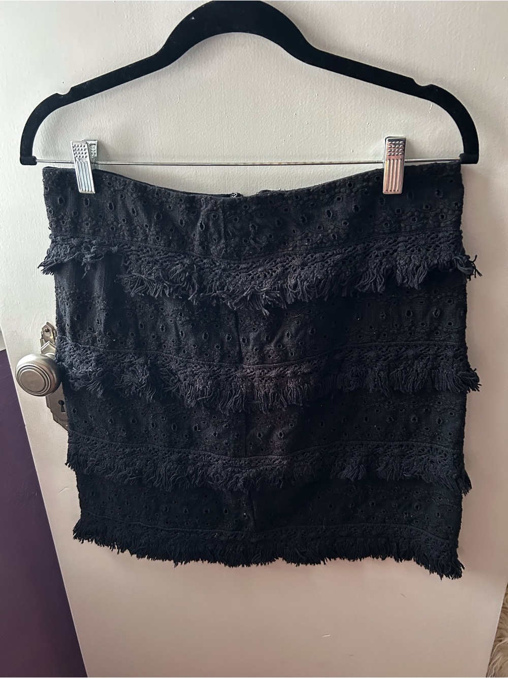 Black Fringe Tiered Eyelet Mini Skirt